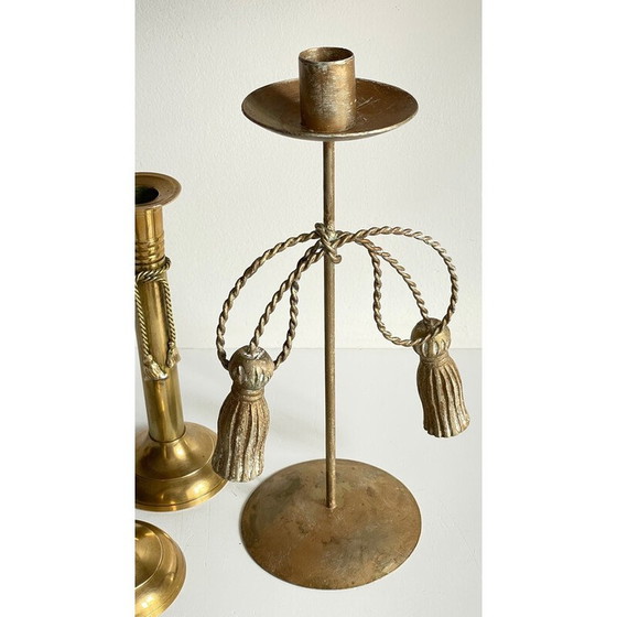 Image 1 of Set of 3 vintage brass bow candlesticks
