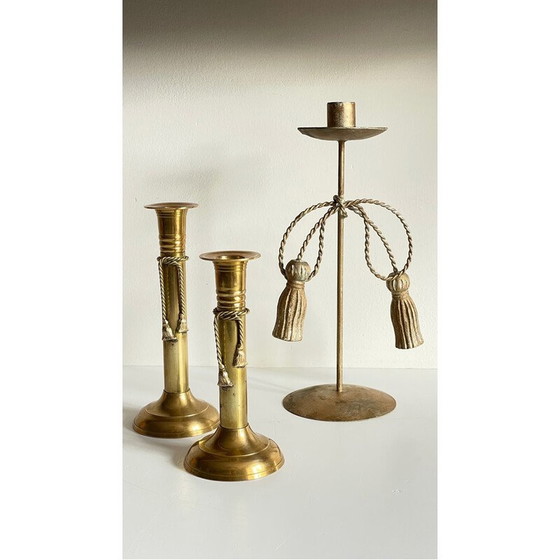 Image 1 of Set of 3 vintage brass bow candlesticks