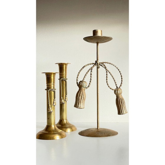 Image 1 of Set of 3 vintage brass bow candlesticks
