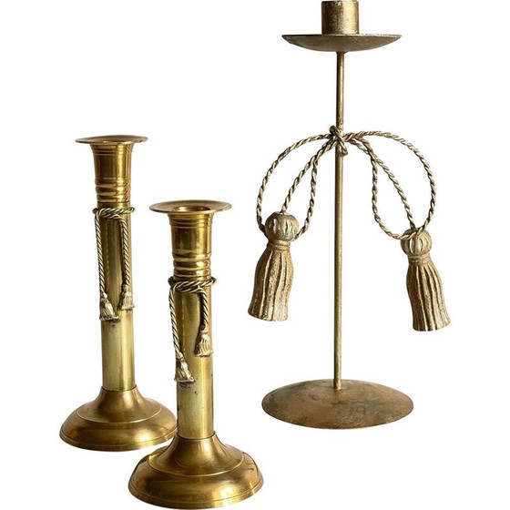 Image 1 of Set of 3 vintage brass bow candlesticks