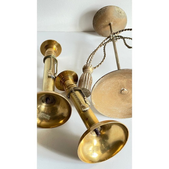 Image 1 of Set of 3 vintage brass bow candlesticks