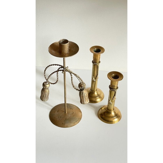 Image 1 of Set of 3 vintage brass bow candlesticks