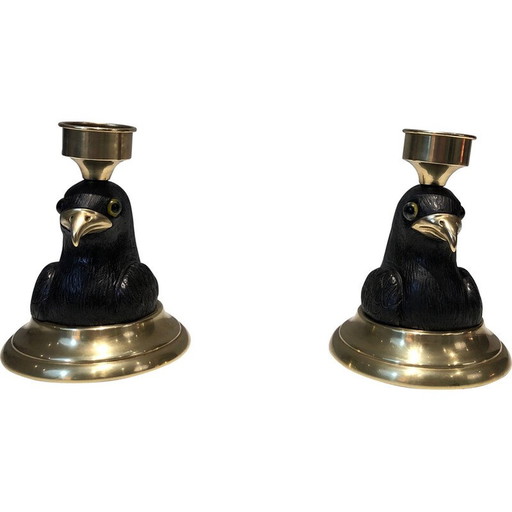 Pair of vintage carved wood eagle candleholders, 1970