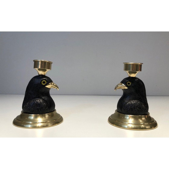 Image 1 of Coppia di portacandele vintage in legno intagliato a forma di aquila, 1970