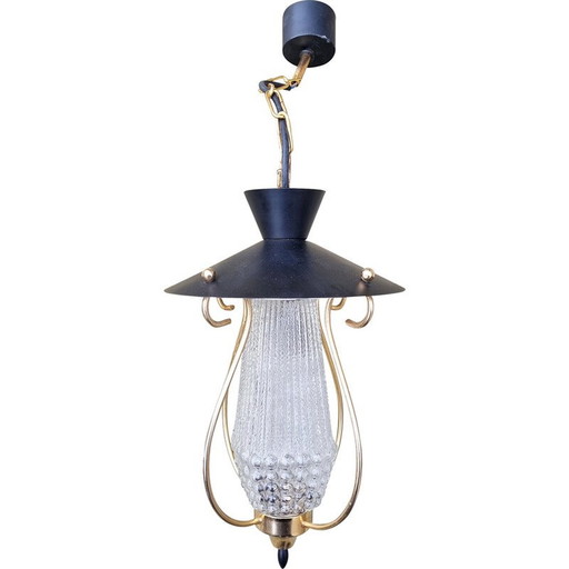 Vintage pendant lamp in thick glass and brass, 1950