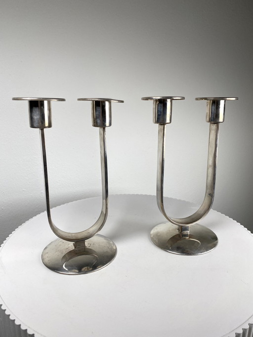 2 X German Wmf Silver Plated Candelabra / Two-Flame Candle Holders - Minimalist Art Deco Style