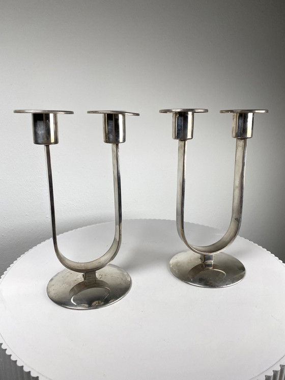 Image 1 of 2 X German Wmf Silver Plated Candelabra / Two-Flame Candle Holders - Minimalist Art Deco Style