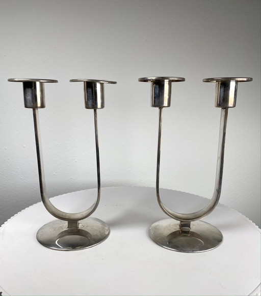 2 X German Wmf Silver Plated Candelabra / Two-Flame Candle Holders - Minimalist Art Deco Style