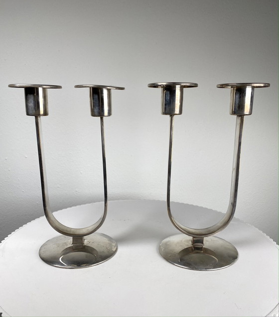 Image 1 of 2 X German Wmf Silver Plated Candelabra / Two-Flame Candle Holders - Minimalist Art Deco Style