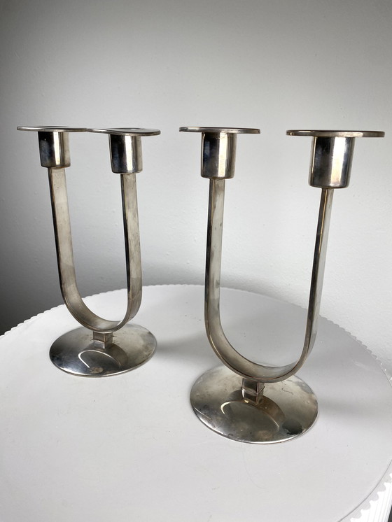 Image 1 of 2 X German Wmf Silver Plated Candelabra / Two-Flame Candle Holders - Minimalist Art Deco Style