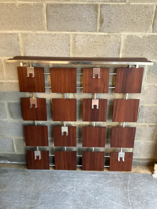 Vintage wall-mounted coat hanger with rosewood veneer and chrome hooks, 1960