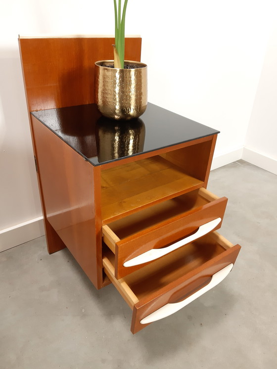 Image 1 of Pozar design dark veneer nightstand set with black opaline glass