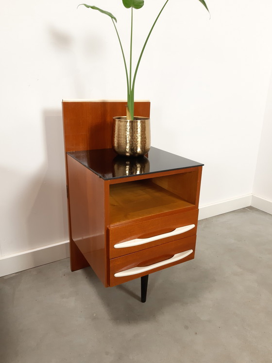 Image 1 of Pozar design dark veneer nightstand set with black opaline glass