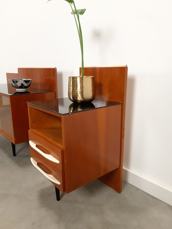 Image 1 of Pozar design dark veneer nightstand set with black opaline glass