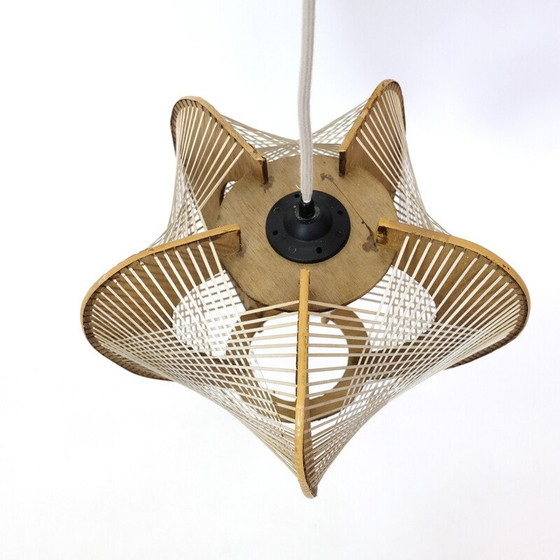Image 1 of Lampada a sospensione vintage in legno e filo di ferro, Francia 1960-1970