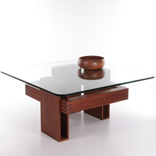 French Brutalist Design coffee table of teak with glass top,1970