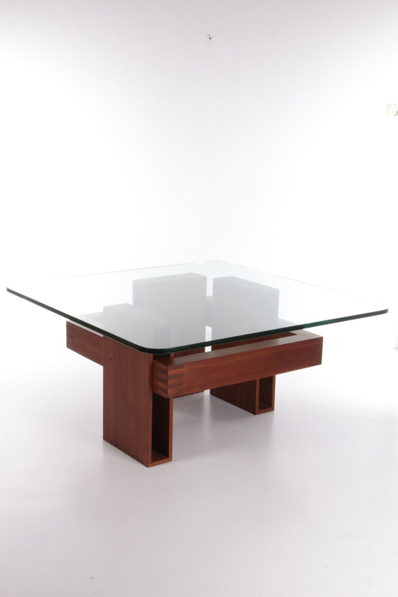 Image 1 of French Brutalist Design coffee table of teak with glass top,1970