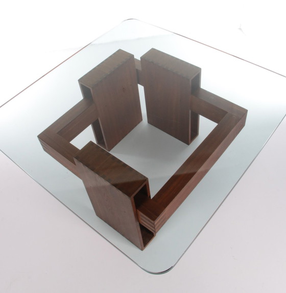 Image 1 of French Brutalist Design coffee table of teak with glass top,1970