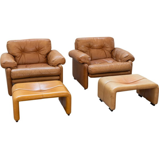 Image 1 of Pair of vintage "Coronado" armchairs with pouf by Afra Bianchin and Tobia Scarpa for B et B Italia, Italy 1986