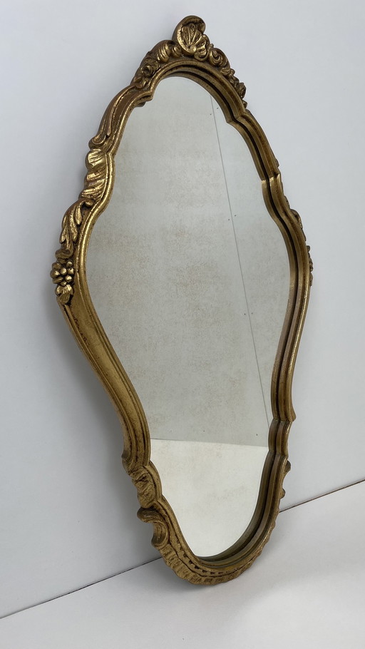 Miroir antique à crête avec cadre en bois doré