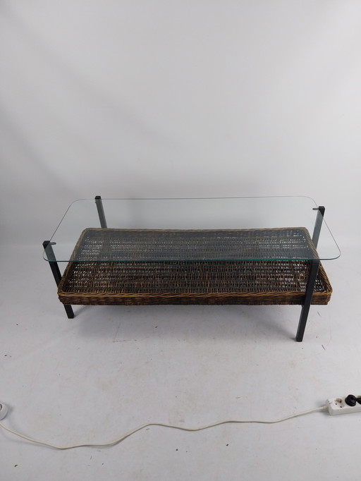 1970s metal and glass coffee table with wicker basket. 