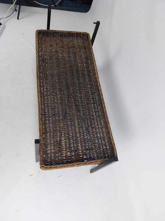 Image 1 of 1970s metal and glass coffee table with wicker basket. 