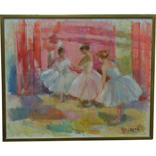 Bailarinas vintage al óleo sobre lienzo de Gertrud Wråke-Lindqvist, Suecia, años 70