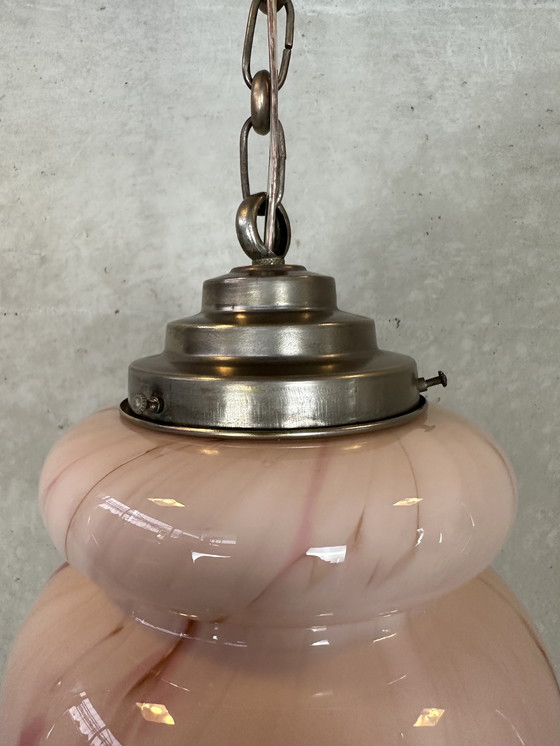 Image 1 of Lampe suspendue Art déco en opaline marbrée - rose