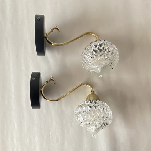 Pair of Gooseneck Wall Lights Brass Tulip Globe Aladin In Molded Glass