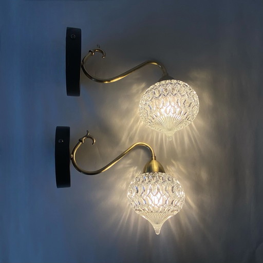 Pair of Gooseneck Wall Lights Brass Tulip Globe Aladin In Molded Glass