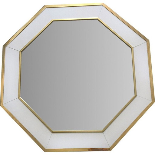 Vintage white lacquer and brass mirror by Jean Claude Mahey, 1970