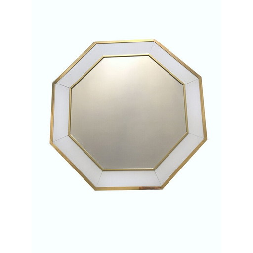 Vintage white lacquer and brass mirror by Jean Claude Mahey, 1970