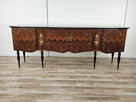 Image 1 of Large Mid-Century Sideboard In Mahogany And Maple With Stained Glass And Brass Handles