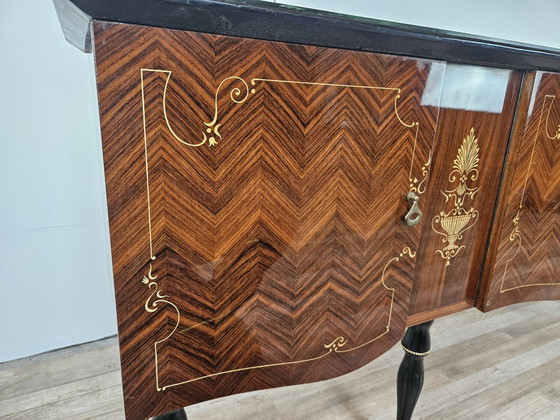 Image 1 of Large Mid-Century Sideboard In Mahogany And Maple With Stained Glass And Brass Handles