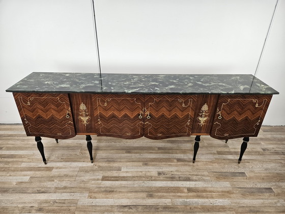 Image 1 of Large Mid-Century Sideboard In Mahogany And Maple With Stained Glass And Brass Handles