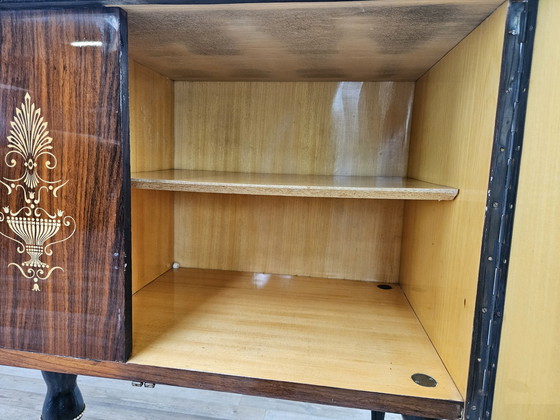 Image 1 of Large Mid-Century Sideboard In Mahogany And Maple With Stained Glass And Brass Handles