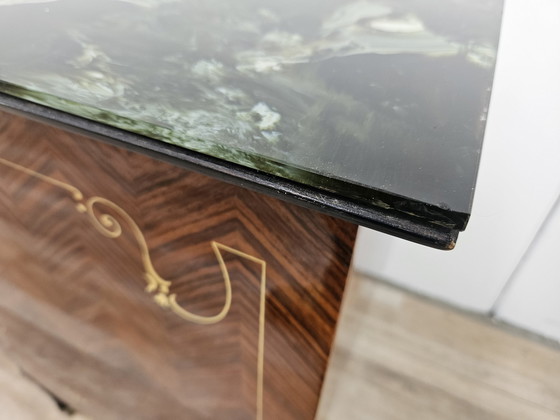 Image 1 of Large Mid-Century Sideboard In Mahogany And Maple With Stained Glass And Brass Handles