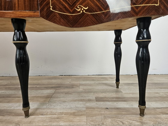 Image 1 of Large Mid-Century Sideboard In Mahogany And Maple With Stained Glass And Brass Handles