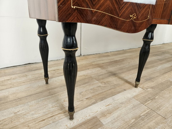 Image 1 of Large Mid-Century Sideboard In Mahogany And Maple With Stained Glass And Brass Handles