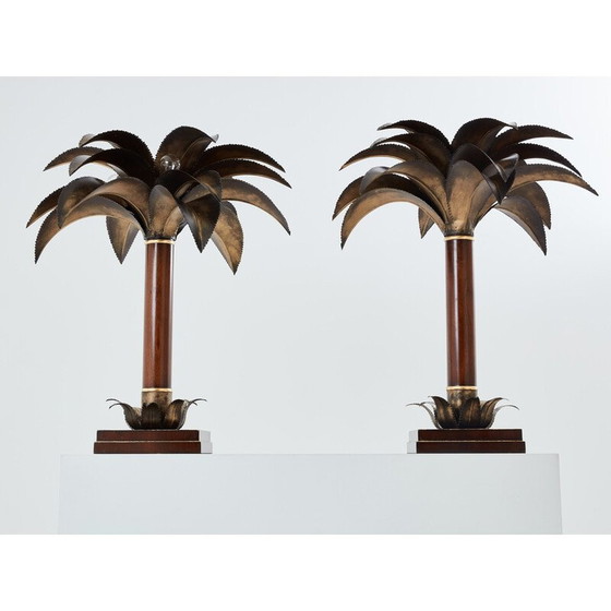 Image 1 of Pair of vintage mahogany and bronze palm tree lamps for Maison Jansen, 1960