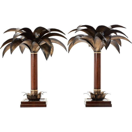 Image 1 of Pair of vintage mahogany and bronze palm tree lamps for Maison Jansen, 1960