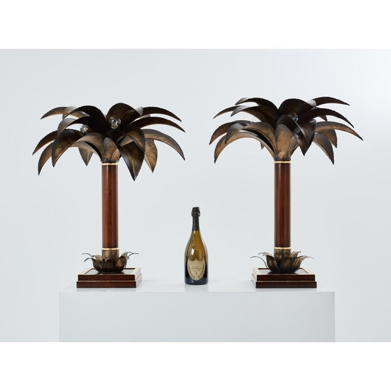 Image 1 of Pair of vintage mahogany and bronze palm tree lamps for Maison Jansen, 1960