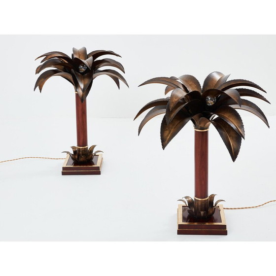 Image 1 of Pair of vintage mahogany and bronze palm tree lamps for Maison Jansen, 1960