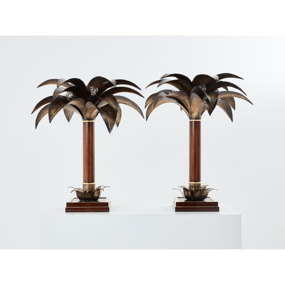 Image 1 of Pair of vintage mahogany and bronze palm tree lamps for Maison Jansen, 1960