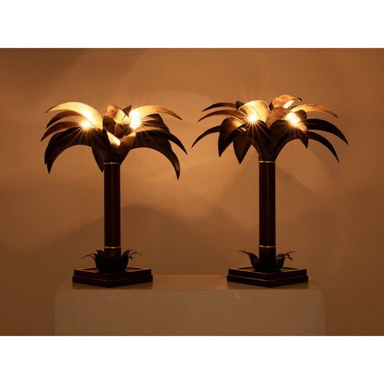 Image 1 of Pair of vintage mahogany and bronze palm tree lamps for Maison Jansen, 1960