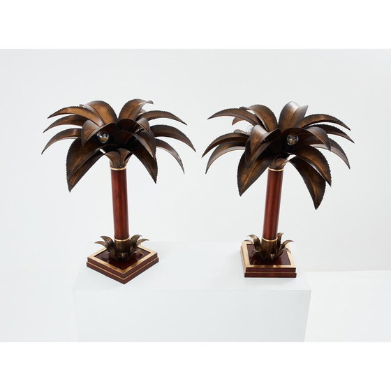 Image 1 of Pair of vintage mahogany and bronze palm tree lamps for Maison Jansen, 1960