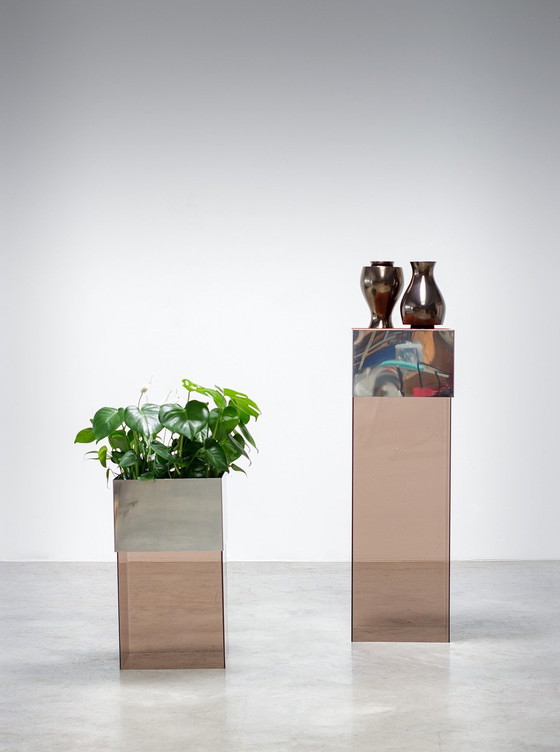 Image 1 of Pair Of Cubistic Abstract Perspex Planter And Pedestal 1970 France