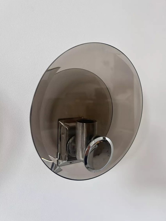 Image 1 of 2X D'Appliques En Verre Fumé Et Métal Chromé, France 1970