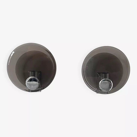 Image 1 of 2X D'Appliques En Verre Fumé Et Métal Chromé, France 1970