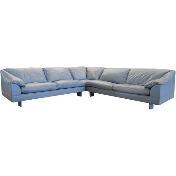 Image 1 of Vintage Serenade corner sofa in light blue leather and goose down by Tito Agnoli for Frau, Italy 1980